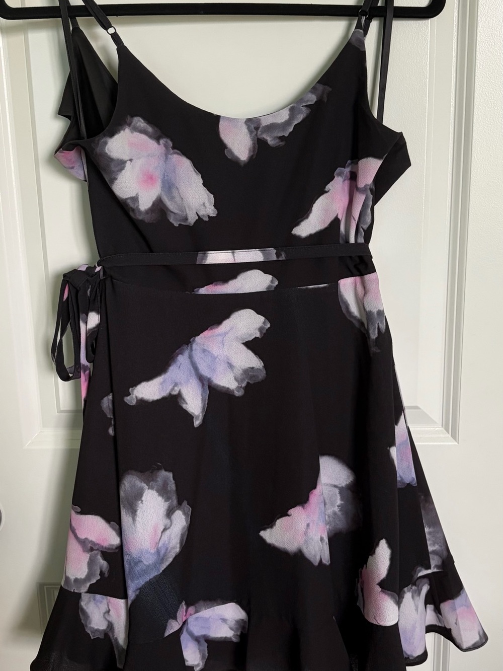 bebe Black Floral Ruffle Wrap Dress with Pink & Lavender Accents - Picture 3 of 5